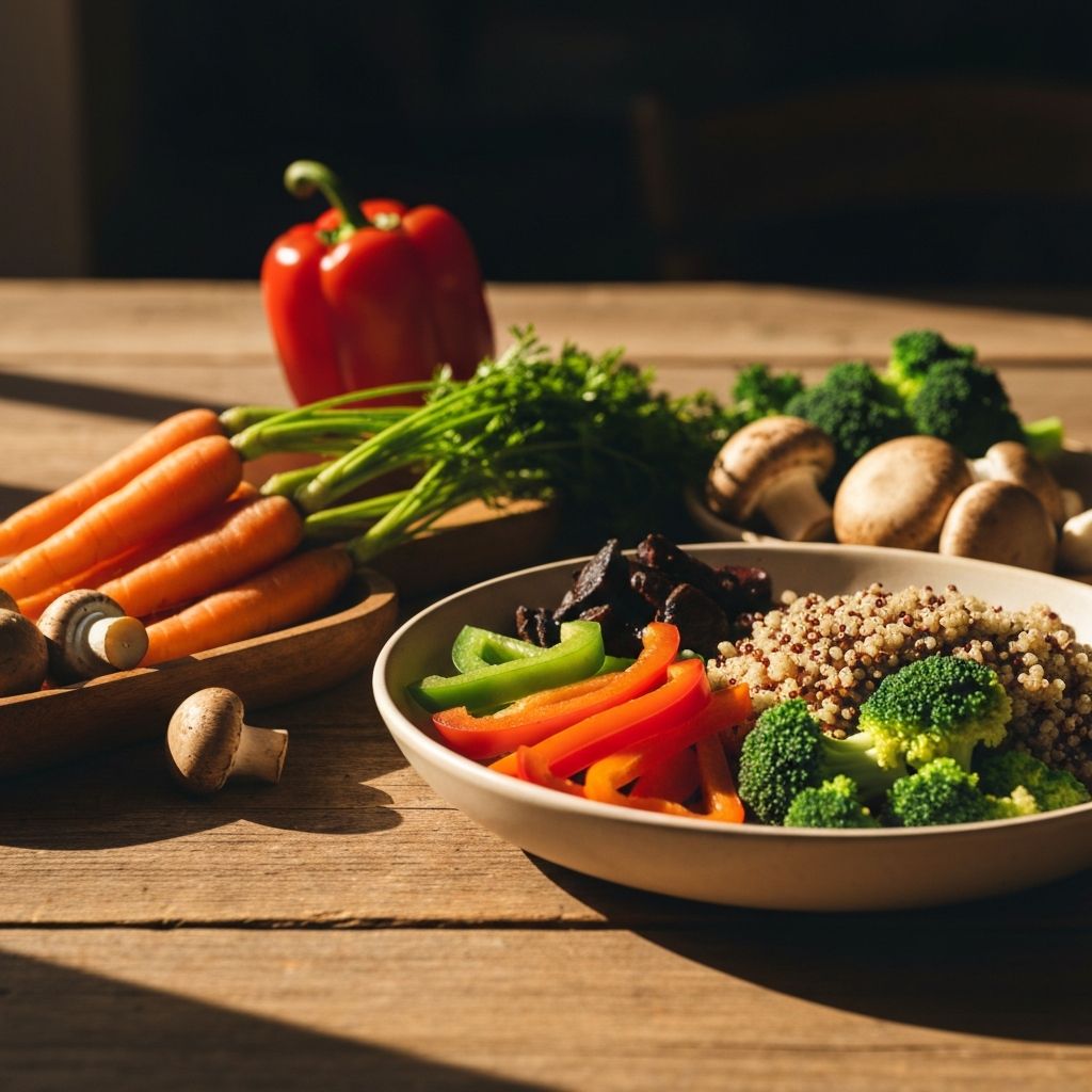 Fresh vegetables and balanced meal on wooden table with natural light, representing nutritional balance and healthy eating principles