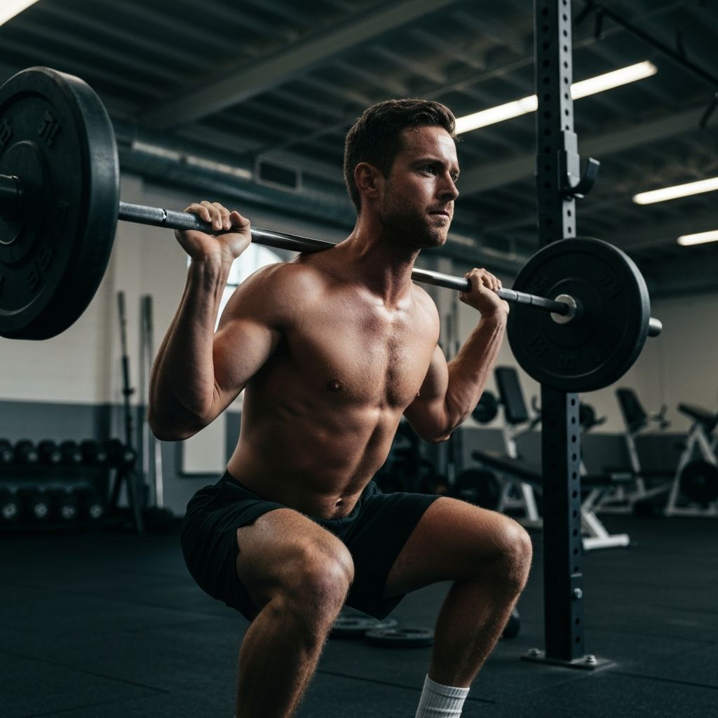 Man performing strength training movement in natural gym environment with dramatic lighting, representing physical conditioning and athletic development