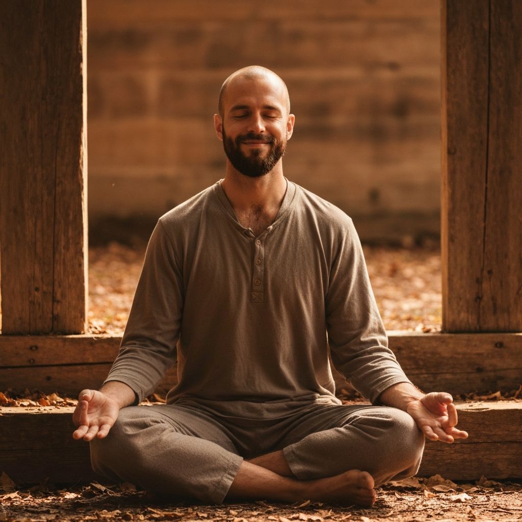 Man in peaceful contemplation with natural light and aged wood elements, representing meditation and mindfulness practices
