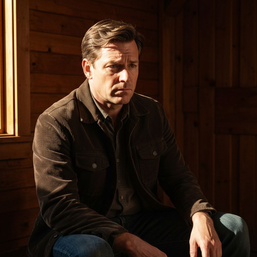 Man in thoughtful contemplation, morning light creating dramatic shadows, representing the journey to conscious living and well-being